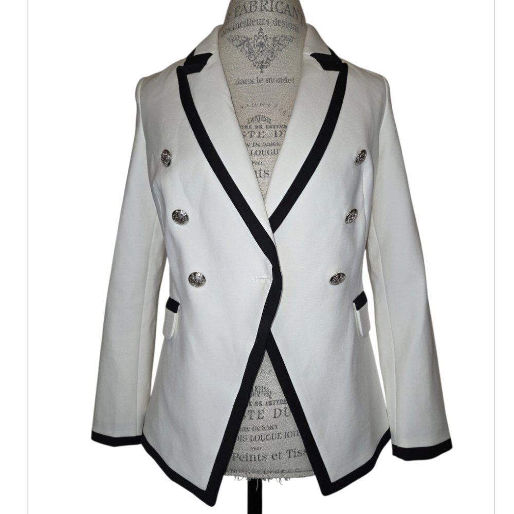 White House Black Market Contrast Studio Blazer Ecru Black Trim NWT Size 2 - Picture 1 of 12